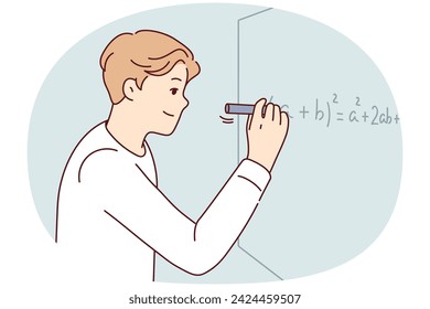 Man solves complex mathematical problems by completing tasks of university teacher. Smart guy in white shirt is using marker to write formula on blackboard during algebra exam. Flat vector design