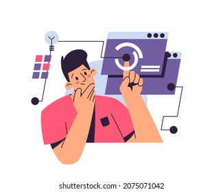 Man solves complex work tasks, thinking about new ideas, data research and business analytics vector illustration. Puzzled male character working with information, analyzing and auditing processes