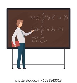Man solves the equation on the board vector illustration