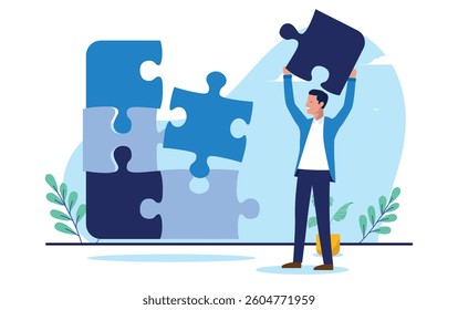 Man solving business puzzle - Businessman with jigsaw pieces laying the last brick finishing task or project while smiling. Problem solving and completion concept in flat design vector illustration