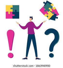 A man solving a puzzle, choosing a question and an answer. searches for solutions to problems next to a large question mark and exclamation mark. Vector illustration thinking, help, help, trouble 