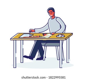 Man solving puzzle sitting at table play logic game for educational development. Young cartoon male joining jigsaw pieces for solution. Linear vector illustration