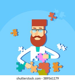 Man Solving Puzzle Task Flat Vector Illustration