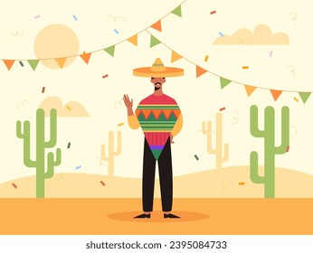 Man in sombrero and bright clothes with moustache. Traditional holiday and festival. Banner for website. Cartoon flat vector illustration isolated on white background