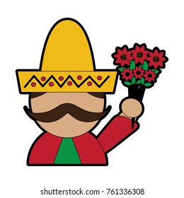 man with sombrero holding flowers mexico culture icon image