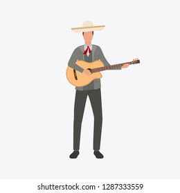 Man in sombrero holding guitar. Guy, costume, musician. Can be used for topics like celebration, greeting, seasonal