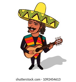 A man in a sombrero and poncho playing the guitar. On white background. National costume.