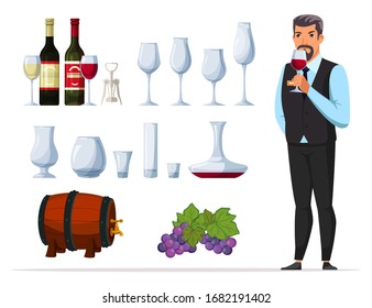 Man sommelier and drink degustation cartoon set. Glass wine bottle with black and white alcoholic beverage, glassware, jugs, corkscrew, wooden barrel, grapes branch. Vector flat illustration