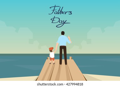 Man And Son Father Day Holiday Standing on Wooden Dock Looking Ocean Horizon Rear View Vector Illustration