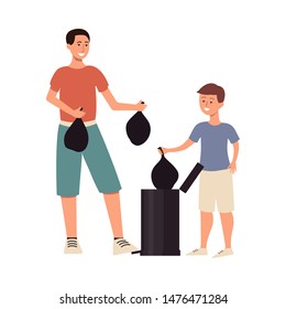 Man and son taking out garbage in plastic bags, two male cartoon characters throwing trash in a bin, family doing chores together, isolated flat vector illustration