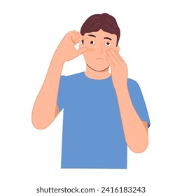 Man with sore eyes has red eyes. Eye injuries from inflammation. Red eyes with conjunctivitis due to irritation. Vector illustration on white background.