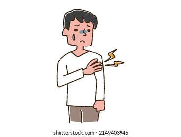 A man with a sore shoulder after injection, a comical handwritten person vector, color on a line drawing