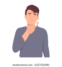 Hombre con dolor de garganta causado por virus o bacterias. Joven sosteniendo el cuello por incomodidad. Síntomas de amigdalitis. ilustración de carácter vector. Aislado sobre fondo blanco.  