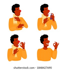 Man with a sore throat, the cold takes a pill, uses a spray bottle. A boy sick and healthy, recovery, before and after. Healing from the flu. A vector cartoon illustration.