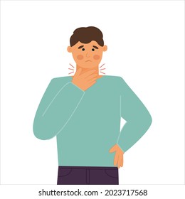 man with sore throat. Inflamed pharynx. Cold, flu and coronavirus symptoms. Isolated image. Cartoon character. Universal drug advertising design. Vector illustration, flat