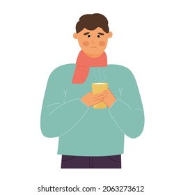 man with sore throat. Inflammation of the pharynx. Colds, flu and virus. Scarf around the neck. Hot drink in hand. Cartoon character. Universal drug advertising design. Vector illustration, flat