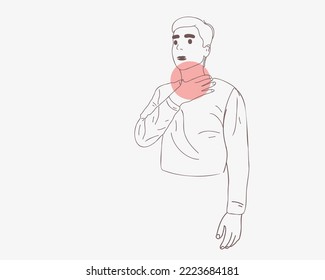 
A man with a sore throat keeps his hand on his inflamed neck. Doodle or line style