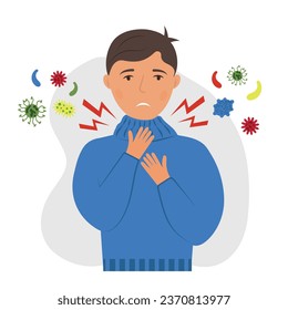 A man with a sore throat. Sore throat. Symptoms of colds, flu and coronavirus. Germs and bacteria are all around. Vector illustration, flat