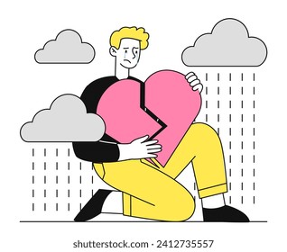 Man with sorrow linear. Young guy with broken heart under clouds with rain. Mental problems and psychological disorder. Frustration and depression. Doodle flat vector illustration