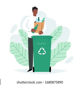 Man sorting the garbage. Happy boy character who care about the environment and put glass rubbish in trash bin, dumpster or container for recycling and reuse. Zero waste concept vector illustration