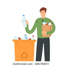 Man sorting the garbage. Happy boy character who care about the environment and put plastic rubbish in trash bin, dumpster or container for recycling and reuse. Zero waste concept vector illustration