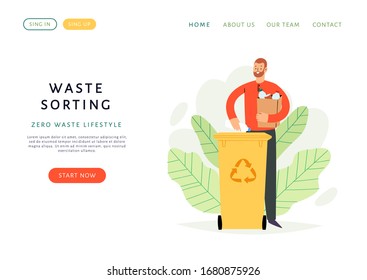 Man sorting the garbage. Happy character care about the environment and put rubbish in trash bin, dumpster or container for recycling. Zero waste concept website or web page template, banner design