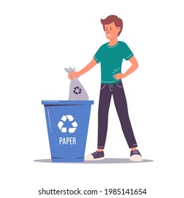 Man sorting the garbage. Happy man character who care about the environment and put rubbish in trash bins, dumpsters or containers for recycling and reuse. Zero waste concept
