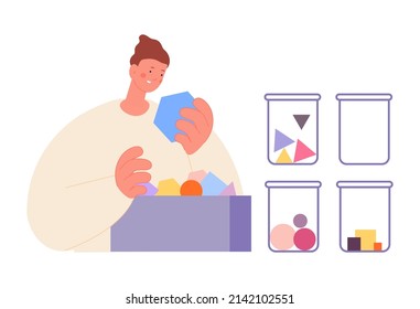 Man sorting geometric shapes. Time management and tasks distribution process. Guy hold hexagon and jars with circles, triangle and square, vector concept