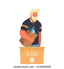 Man sorting glass garbage, vector banner or icon.