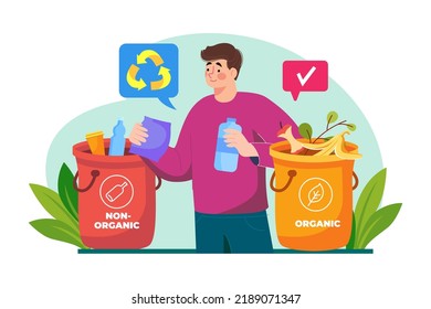 Man Sorting organic and non-organic waste Illustration concept on white background