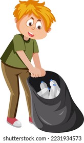 A man sorting plastic bottles in trash bag illustration