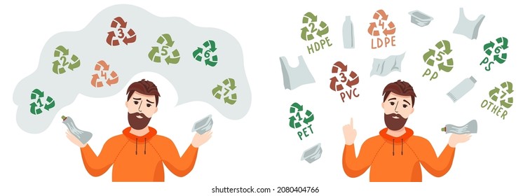 Man is sorting plastic garbage. Sorting plastic waste for recycling. Categories of plastic types. Types of plastic marking. Codes for recycling.