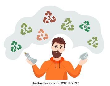 Man is sorting plastic garbage. Sorting plastic waste for recycling. Categories of plastic types. Types of plastic marking. Codes for recycling.