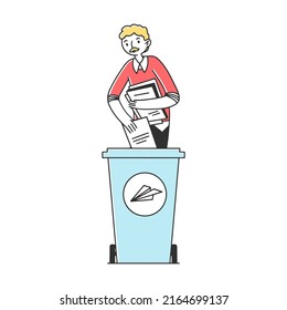 Man sorting trash and rubbish flat vector illustration. Responsible men and women standing near dustbin and putting garbage