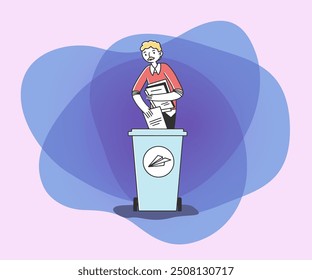 Man sorting trash and rubbish flat vector illustration. Responsible man standing near dustbin and putting paper in container for recycling. Environment and ecology concept