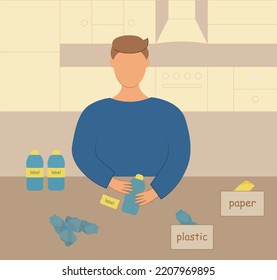 a man sorts plastic bottles at home. Set with sorting of household waste. Isolated vector illustration. People lifestyle. Home design.