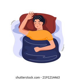 Man sound sleeping in the bed. Sleep apnea, snoring, health sleep concept. Vector flat illustration.