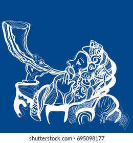 man sounding a shofar , Jewish horn. May You Be Inscribed In The Book Of Life For Good in Hebrew. vector illustration On a blue background. White and blue colors of holy Israel