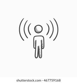 Hombre con el icono de esbozo vectorial de ondas de sonido aislado en el fondo. Hombre dibujado a mano con icono de ondas sonoras. Un hombre con ondas de sonido dibuja un icono para infografía, sitio web o aplicación.