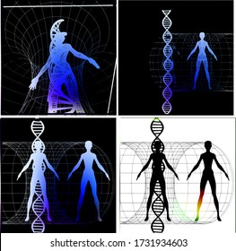 man and space aura magic treatment abstraction background. futuristic illustration 3d rendering dna