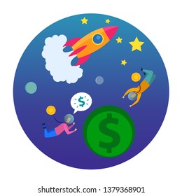 Man in Space Dollar Coin Planet Rocket Launch Vector Illustration. Sell Startup Idea Development Crowdfunding Money Investment Financial Profit Analysis Banking Loan Buy Business Company