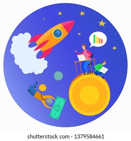 Man in Space Dollar Coin Rocket Launch Vector Illustration. Sell Startup Idea Find Money Financial Solution Crowdfunding Investment Finance Analysis Banking Loan Buy Business Company