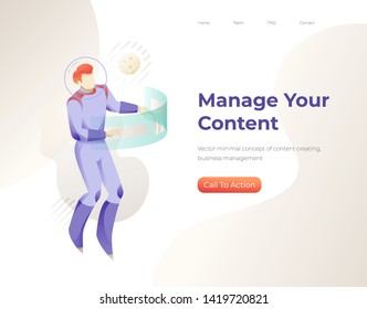 Man in space suit interacting with dashboard. Vector business metaphor of technology, data analysis, market research. Web page template. 
