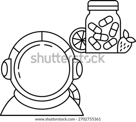 A man in a space suit is staring at a jar of pills. The man is contemplating the pills, possibly considering taking them or just looking at them curiously