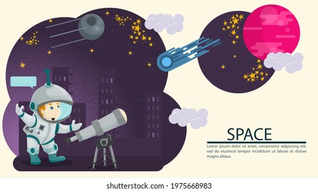 a man in a space suit watches the planet through a telescope, flat design illustration, flat style childrens doodle