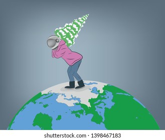 a man in a spacesuit carries a Christmas tree across planet Earth. vector illustration.