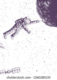 Man in spacesuit flies to planet. Doodle sketch illustration cosmonautics day. Vector drawing isolated