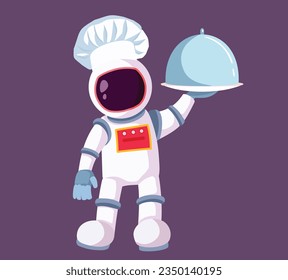 
Hombre en el espacio sostiene comida astronauta en una caricatura vectorial de Platter. Chef cosmonauta que presenta una comida en un plato
