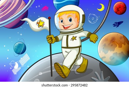 Man in spacesuit holding a flag