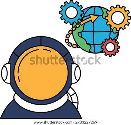 A man in a spacesuit is looking at a globe with gears on it. Concept of space exploration and the importance of understanding the world beyond our planet. Scene is one of curiosity and wonder